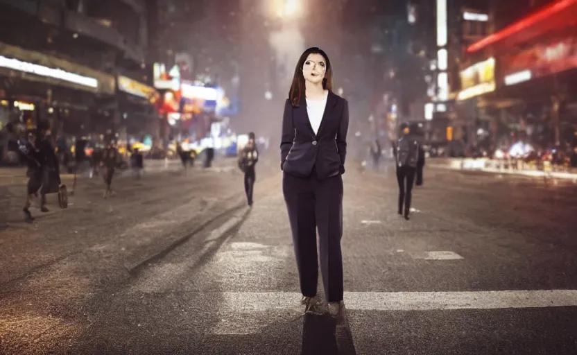 Image similar to a wide shot of a woman with a wool suit, very short dark hair, blurred face, wearing an omega speedmaster on her wrist in front of a crowded dystopian city full of people walking at night with fog and cyberpunk lights