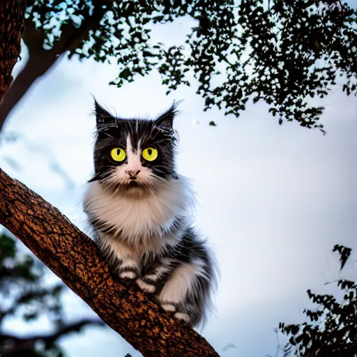 Prompt: mystic cat sitting on a tree and laughing on people that walk nearby