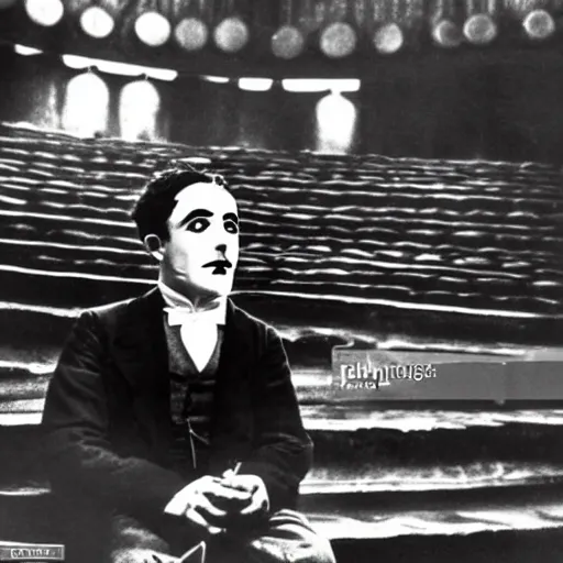 Image similar to silent film still of charlie chaplin's the tramp sitting in the audience of a movie theater, watching a superhero movie projected on the screen