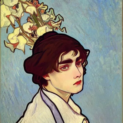 Image similar to painting of grumpy taehyung in a maid outfit, elegant, clear, painting, stylized, art, art by alphonse mucha, vincent van gogh, egon schiele,