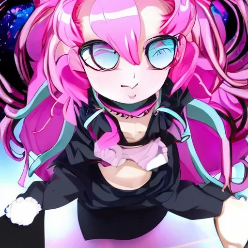 Prompt: stunningly beautiful omnipotent megalomaniacal anime goddess who looks like junko enoshima with symmetrical perfect face and porcelain skin, pink twintail hair and cyan eyes, looking down upon the viewer and taking control while smiling in a mischievous way, mid view from below her feet taken in an extremely low angle, hyperdetailed, 2 d 8 k