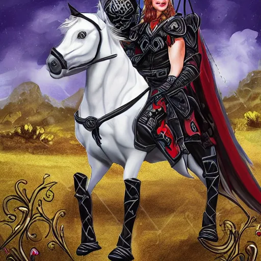 Prompt: Black armored Knight saving a beautiful redhead princess, highly detailed, nightmare landscape