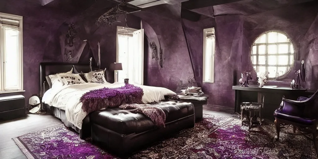 Prompt: night time, moody dark, dark purple leather dungeon bedroom