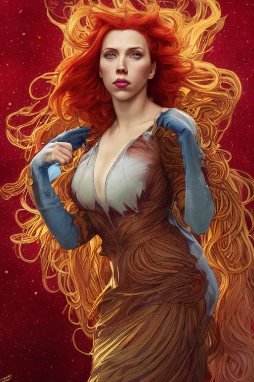 Image similar to celestial scarlett johansson as anthropomorphic irish setter, by artgerm and yoshitaka amano and moebius and alphonse mucha, hyperdetailed, dc comics, ornate, nebula, explosions in the sky, trending on artstation