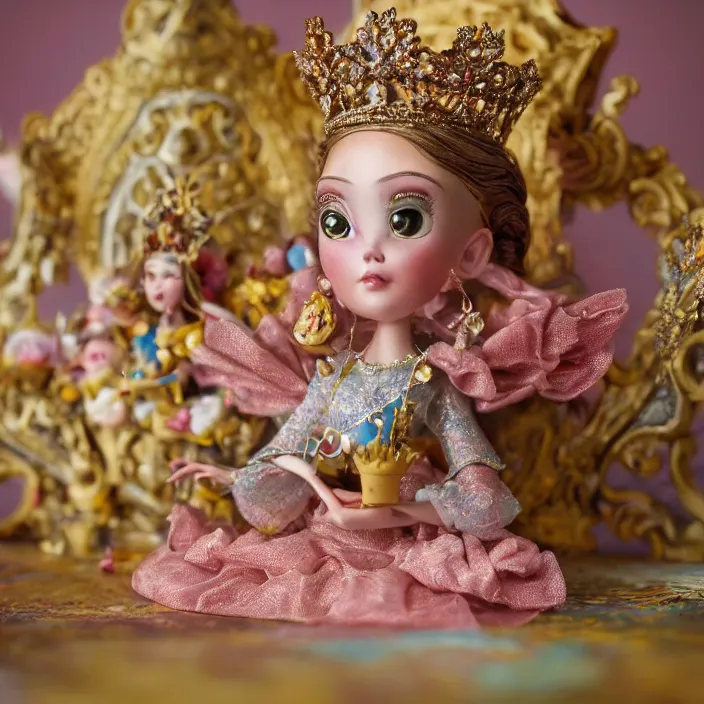 Image similar to closeup portrait of tin toy fairytale princess sitting on a throne wearing a crown eating cakes, depth of field, zeiss lens, detailed, symmetrical, centered, fashion photoshoot, by nicoletta ceccoli, mark ryden, lostfish, breathtaking, 8 k resolution, extremely detailed, beautiful, establishing shot, artistic, hyperrealistic, octane render