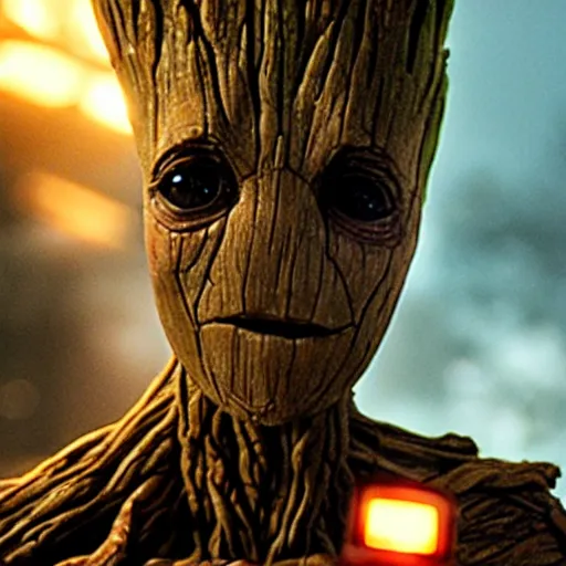 Image similar to Groot robbing a bank, still image, cinematic, shotgun