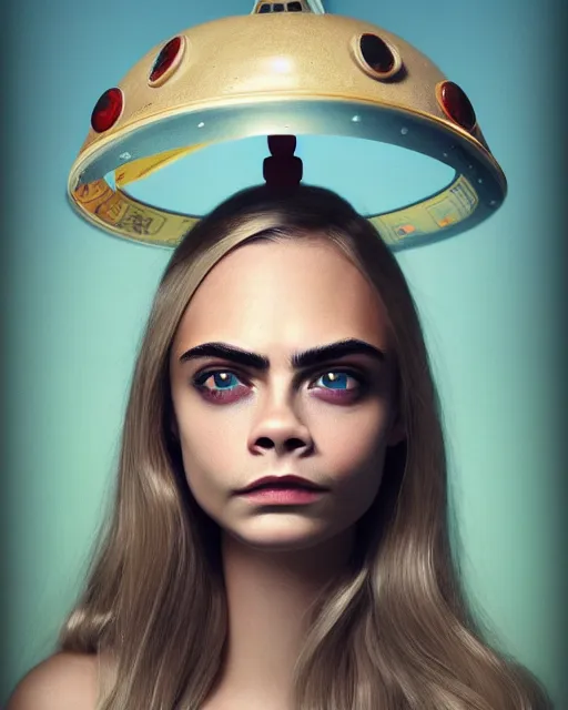 Prompt: closeup face profile portrait of cara delevingne as a tin toy flying saucer babe, bikini, depth of field, zeiss lens, detailed and intricate environment, fashion photoshoot by nicoletta ceccoli, mark ryden, lostfish, breathtaking, 8 k resolution, artistic, hyperrealistic, octane render