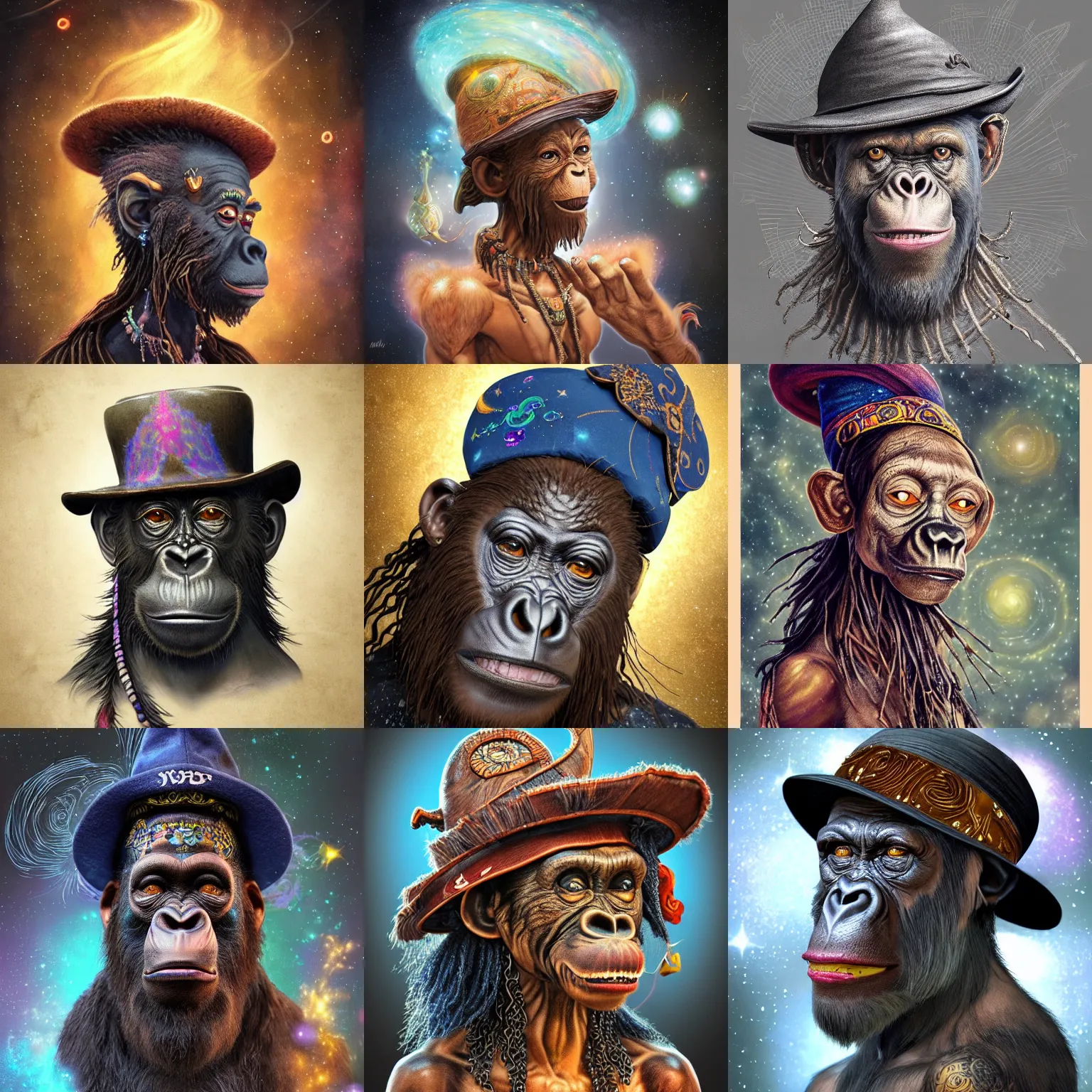 Prompt: a wlop 3 d render of very very very very highly detailed beautiful mystic portrait of a student voodoo ape in a hat with whirling galaxy around, tattoos by anton pieck, intricate, extremely detailed, digital painting, artstation, concept art, smooth, sharp focus, illustration, intimidating lighting, incredible art,