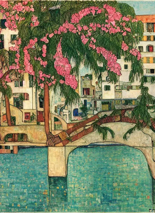 Prompt: a big through arch bridge on local river, a lot of old boat in river, brick buildings near a lot of palm trees and bougainvillea, hot with shining sun, painting by egon schiele