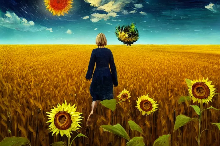 Image similar to giant sunflower as a head, girl walking in wheat field, hills, surreal photography, dark night, star trails, dramatic light, impressionist painting, clouds, digital painting, artstation, simon stalenhag