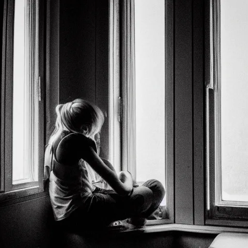 Prompt: lofi hiphop girl reading by the window on a rainy day ,40 mm, 1/100 sec, f/2.8, ISO 800