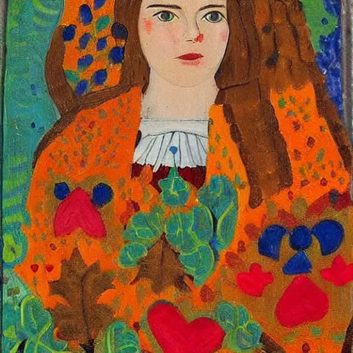 Prompt: russian folk art. young woman with many hearts. autumnal colours