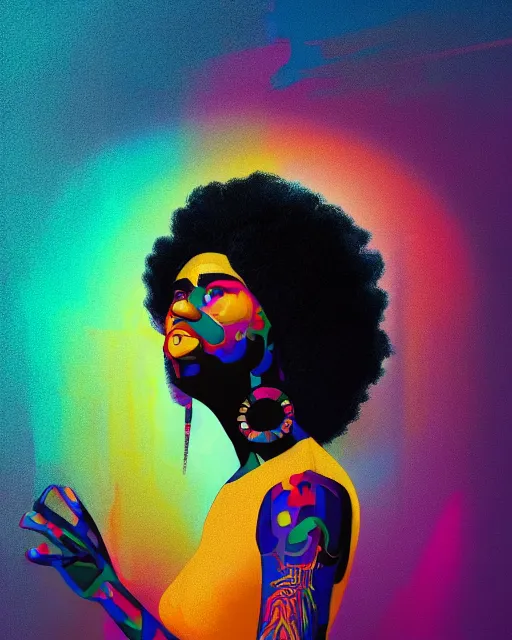 Prompt: colorful portrait of a black woman hippie wearing her hair in an afro, but set in the future 2 1 5 0 | highly detailed | very intricate | symmetrical | professional model | cinematic lighting | award - winning | painted by mandy jurgens | pan futurism, dystopian, bold psychedelic colors, cyberpunk, anime aesthestic | featured on artstation