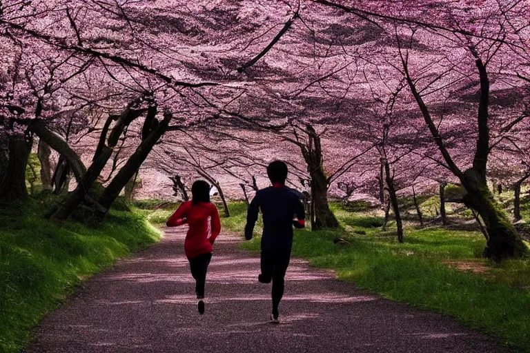 Prompt: vfx movie scene closeup japanese couple running through cherry blossom forest, natural lighting by emmanuel lubezki