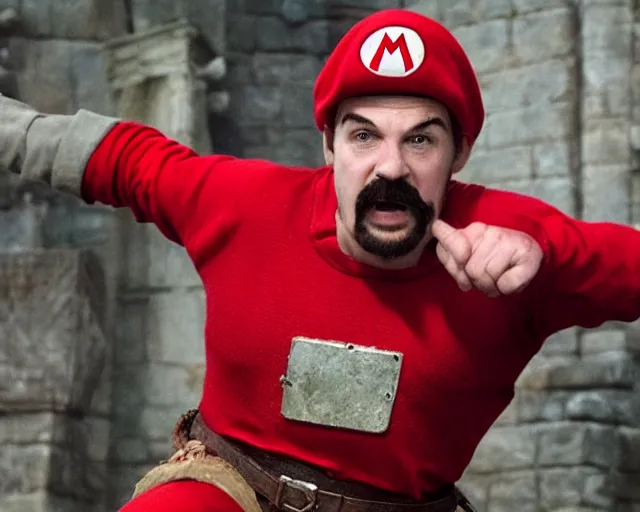 Prompt: promotional image of real life super mario in game of thrones, realistic, red cap, red clothes, detailed face, movie still frame, promotional image, imax 70 mm footage