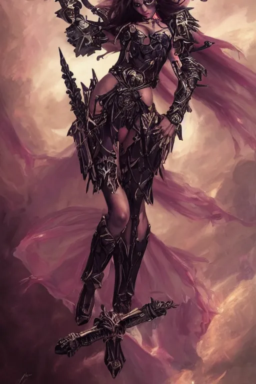 Prompt: Gothic angelic woman in bikini armor from warhammer 40000, elegant, vibrant, dark fantasy, intricate, smooth, artstation, painted by edgar maxence, greg rutowski, ross tran, artgerm