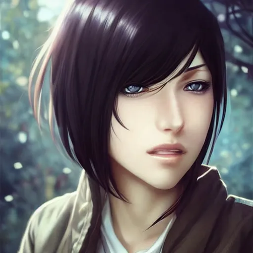 Image similar to mikasa ackerman, bokeh, beautiful face!!!!, 2 7 years old, cg animation, lifelike, animated, realistic, character select portrait, by artgerm, greg rutkowski, alphonse mucha, 3 d