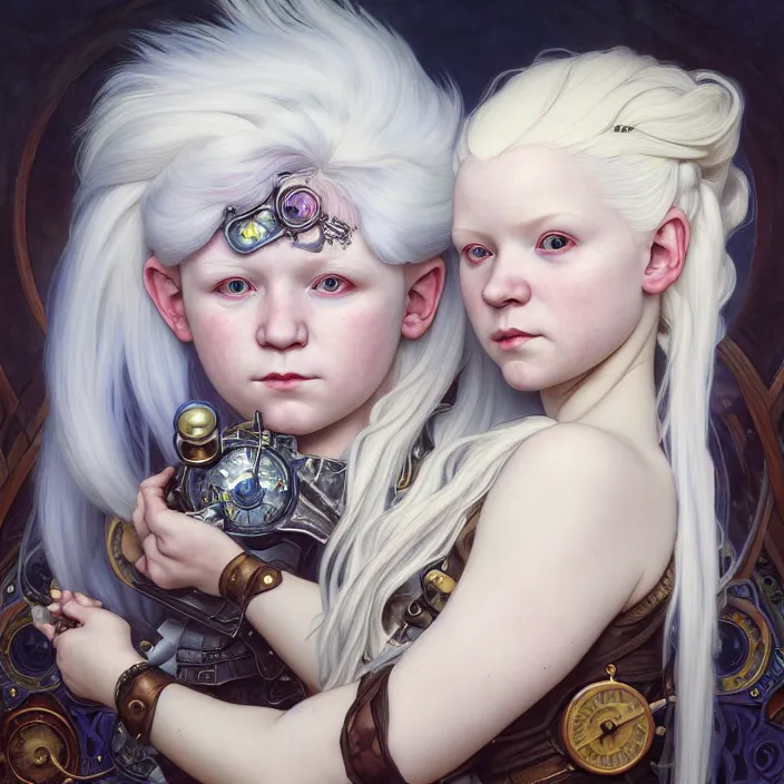 Image similar to excellent painted portrait of a albino girl with white hair and a fringe, steampunk art, with a nordic white dragon flying on the background, character artwork, 8k resolution artwork, trending on artstation, detailed oil painting portrait, art by artgerm and greg rutkowski and alphonse mucha and craig mullins and James Jean and Andrei Riabovitchev and Marc Simonetti and peter mohrbacher, matte painting