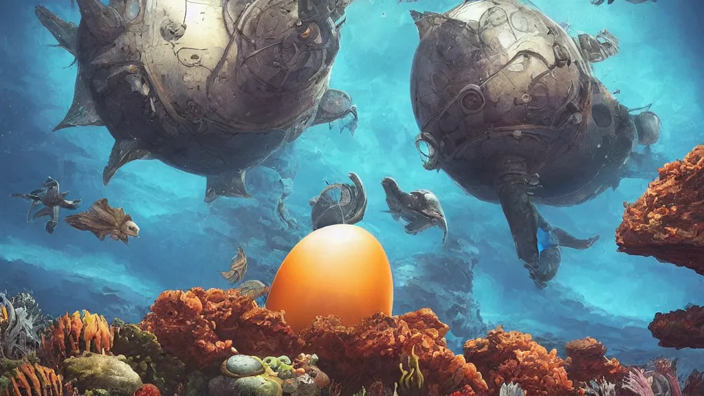 Image similar to An astronaut is under the sea, he has a big egg, he is swimming away from the giant Morgawr that is behind hunting him, the Morgawr is evil, this is an extravagant planet with wacky wildlife and some mythical animals, the background is full of ancient ruins, the ambient is dark with a terrifying atmosphere, by Jordan Grimmer digital art, trending on Artstation,