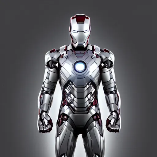 Prompt: silver and white iron man suit, 4 k realistic photo