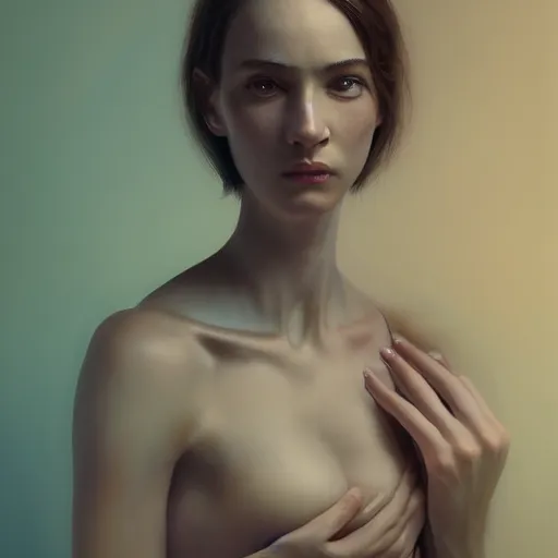 Image similar to a beautiful woman, anatomy, aesthetic, oil painting, pale colors, high detail, 8 k, wide angle, octane render, trending on artstation,