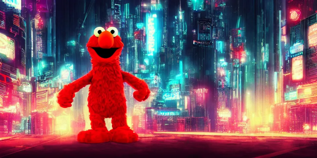 Image similar to elmo!! in cyberpunk night city wallpaper rendering, digital art