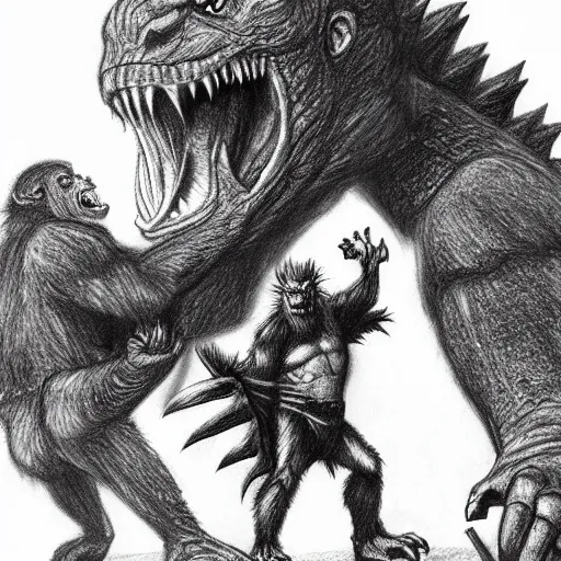 Image similar to Godzilla Fighting King Kong, beautiful, pencil sketch, HD,highly detailed
