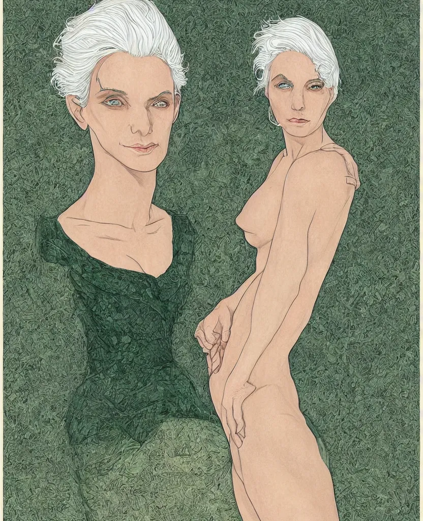 Image similar to beautiful woman with white hair and green eyes, full body, portrait, elegant, dusk, illustration, art by moebius Jean Giraud