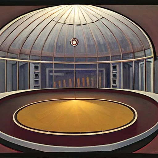 Prompt: robot being reanimated inside a dome - shaped control center, evil lair, grant wood, pj crook, edward hopper, oil on canvas