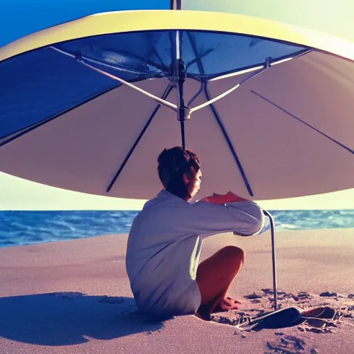 Image similar to a beautiful photo of an astronaut on the beach under a beach umbrella, summer sun, 1 9 7 0, soft light, morning light, photorealistic, realistic, octane, 8 k, cinematic shot