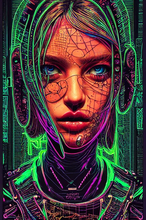 Image similar to dreamy cyberpunk girl, neon leather, detailed acrylic, grunge, intricate complexity, by dan mumford and by alberto giacometti, peter lindbergh