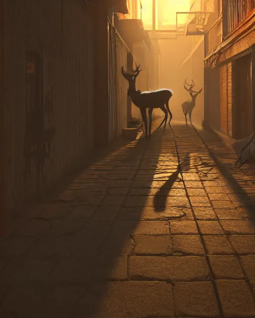 Image similar to artstation scifi scene of two deer long shadow, in a shabby town narrow alley, dim lights, long shadows, summer unreal engine 5, hyper realism, realistic shading, cinematic composition, blender render, octane render, hdr, detailed textures, photorealistic, wide shot