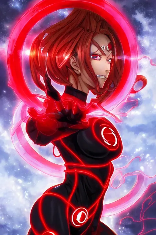 Image similar to anime key visual of a beautiful female red lantern!! intricate, red and black suit, glowing, powers, rage, anger, hate, dc comics, cinematic, stunning, highly detailed, digital painting, artstation, smooth, hard focus, illustration, art by artgerm and greg rutkowski and alphonse mucha