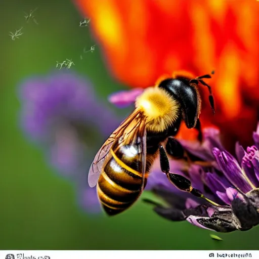 Image similar to a bee landing on a burning flower, the forest is on fire, there is fire everywhere, beautiful macro photography, perfect focus, nice composition