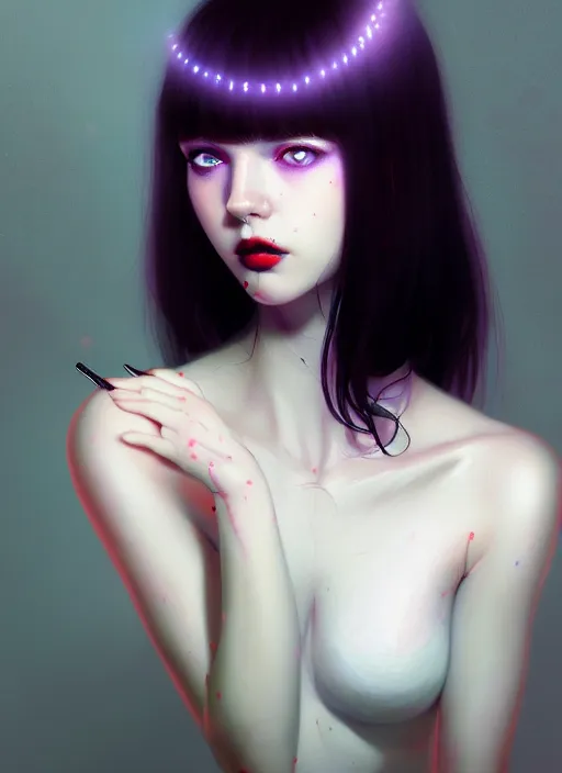 Prompt: portrait of pale teenage girl, red irises, black hair, white bangs, purple lipstick, intricate, elegant, glowing lights, highly detailed, digital painting, artstation, concept art, smooth, sharp focus, illustration, art by wlop, mars ravelo and greg rutkowski