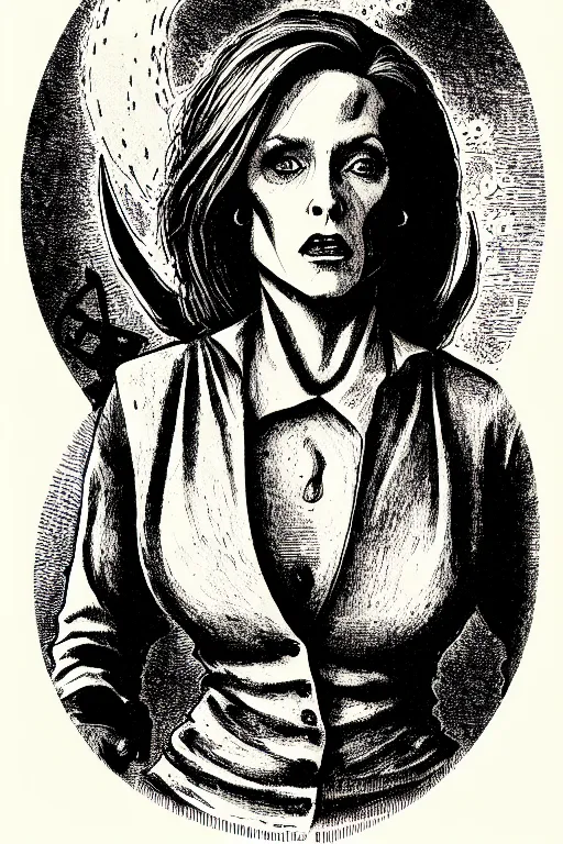 Prompt: dana scully, as a demon from the dictionarre infernal, pen - and - ink illustration, etching by louis le breton, 1 8 6 9, 1 2 0 0 dpi scan, ultrasharp detail, hq scan, intricate details, stylized border