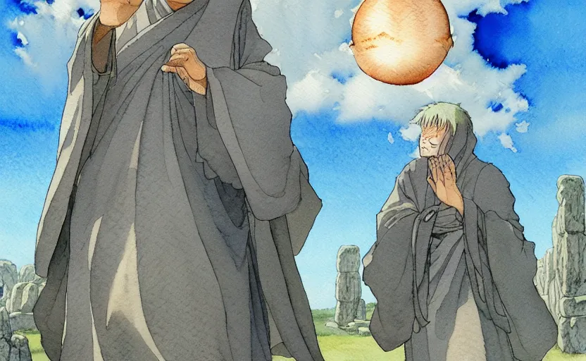 Image similar to an anime watercolor fantasy concept art of giant monk with a big forehead in grey robes swaying in stonehenge. several immense stones are floating in the air. in the background a large ufo is in the sky. by rebecca guay, michael kaluta, charles vess