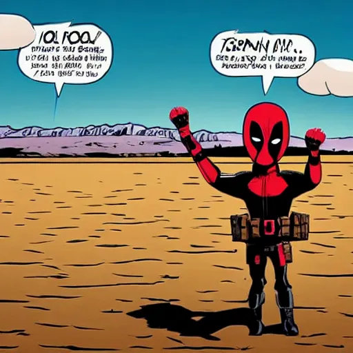 Image similar to deadpool sticking his head out of empty drained lake mead, with the words lake mead written across the top, in comic book style