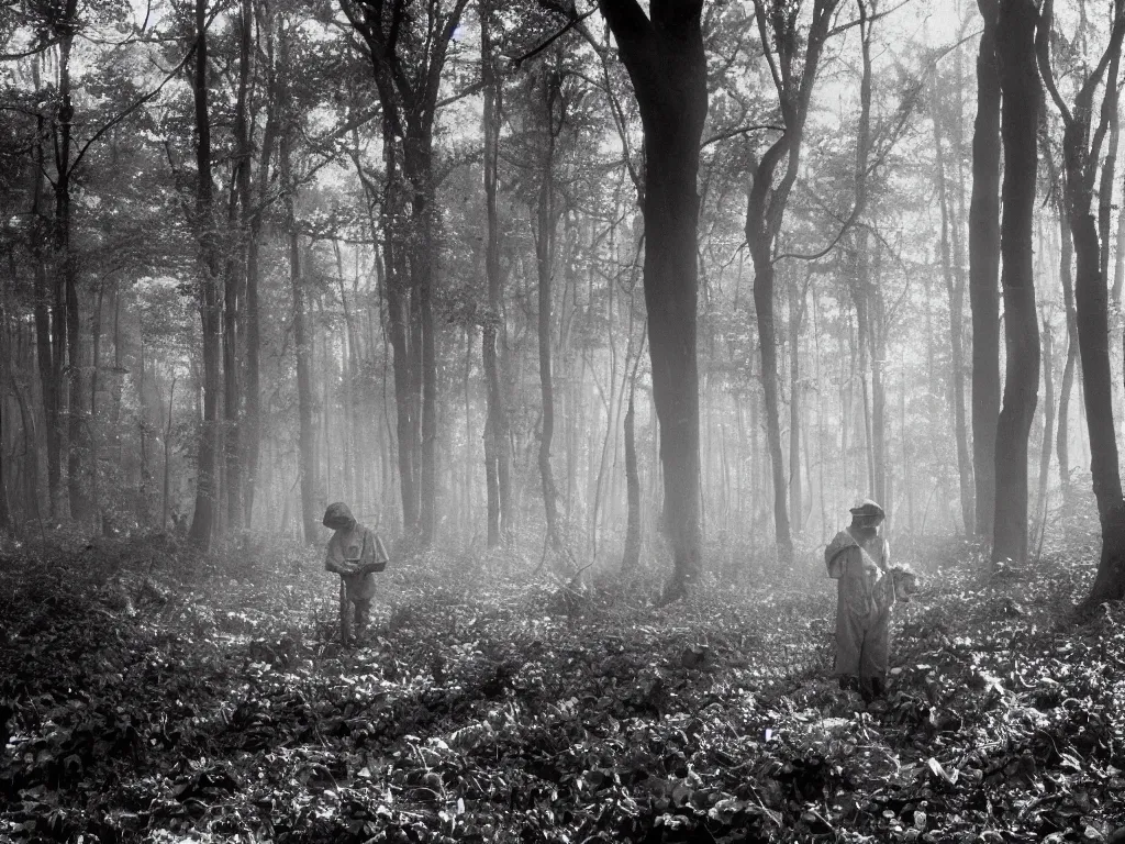 Image similar to Black and white 35mm film old photograph of an impoverished young mushroom picker for mushrooms in a forest blanketed with mushrooms and fog. Deep shadows and highlights and sunflair. Wide shot. bokehlicious.