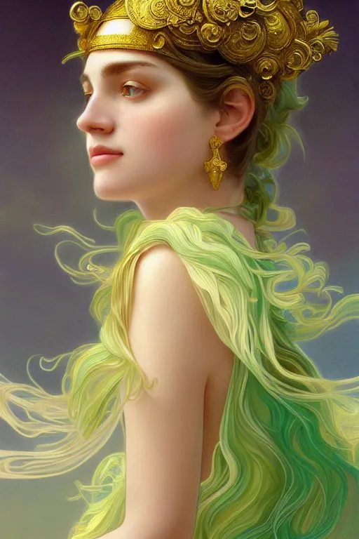 Image similar to portrait of athena , fantasy, gradient white green gold, dreamy and ethereal, green eyes, golden ratio, peaceful expression, ornate frilly dress, fantasy, intricate, elegant, golden clouds, highly detailed, digital painting, artstation, concept art, smooth,b sharp focus, illustration, art by artgerm and greg rutkowski and alphonse mucha