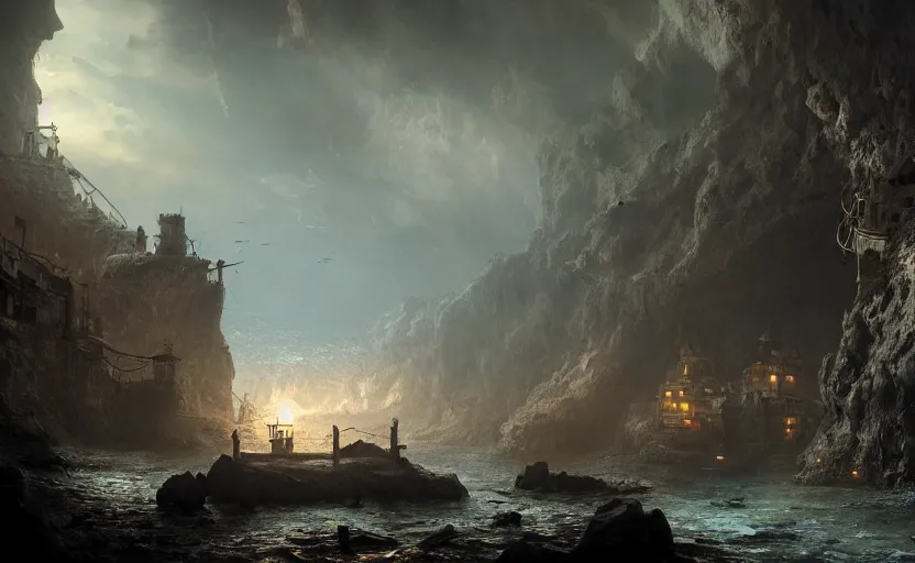 Image similar to A secret pirate town and harbor, in a cave. Underexposed, dark, centered. Atmospheric matte painting by Darek Zabrocki and Emmanuel Shiu, 4k ultra detailed, cinematic.