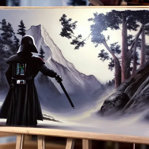 Image similar to a closeup photorealistic photograph of bob ross working on a canvas painting of darth vader. film still. brightly lit scene. mountains and trees. this 4 k hd image is trending on artstation, featured on behance, well - rendered, extra crisp, features intricate detail, epic composition and the style of unreal engine.