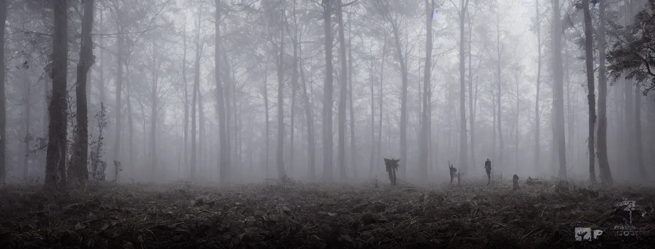 Image similar to creepy rusty bots searching for remaining humans in dark foggy old forest in the night, postapo, dystopia style, heavy rain, reflections, high detail, dramatic moment, motion blur, dense ground fog, dark atmosphere, saturated colors, by darek zabrocki, render in unreal engine - h 7 0 4