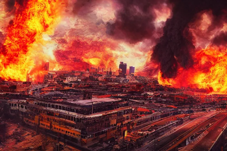 Image similar to destructive fire tornado in the city, photorealistic, highly detailed, sharp focus, vivid, colorful, symmetrical, random, convoluted, mind - blowing, creative, fully functional, end of the world, physics defying