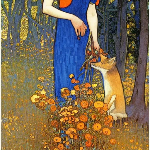 Prompt: landscape art nouveau painting of an beautiful girl dressed as a farmer and her blue fox in the forest, by alphonse mucha and gustav klimt and antoni gaudi, masterpiece,, warm shades of blue, silver, orange, gold, and pink, oil painting, high resolution, very detailed, oil on canvas, trending on artstation