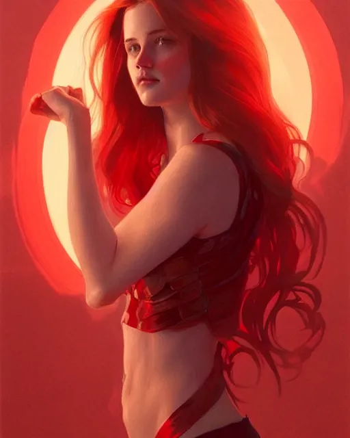 Prompt: emily rajtkowski, lake, red, flames everywhere!!!!!!!!!!!, highly detailed, digital painting, artstation, concept art, smooth, sharp focus, illustration, art by artgerm and greg rutkowski and alphonse mucha