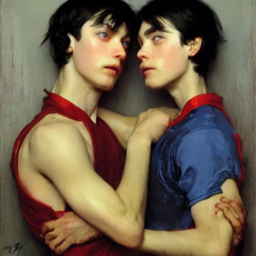 Image similar to twin brothers with black hair and blue eyes play fighting. Ruan Jia. Norman Rockwell . Karlkka