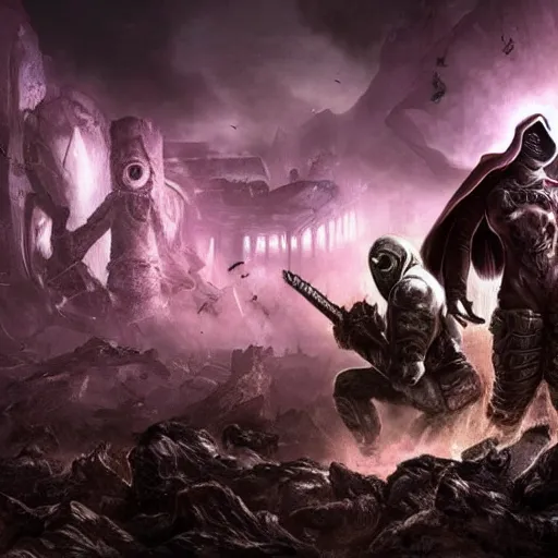 Image similar to apocalyptic world, doom game like look, female in hoodie in the middle, purple hair, shooting the monsters, 8 k, photorealistic, hyper realistic, full detail