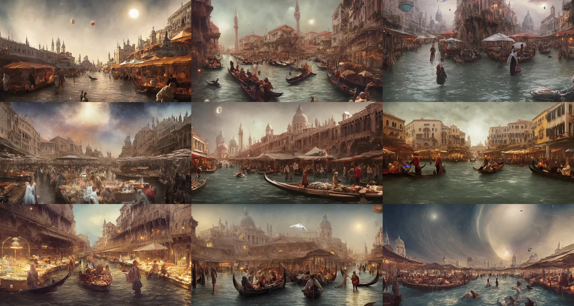 Prompt: floating wet renaissance venice market with vendors on a luxurious road on interstellar solar system with nearby planets seen from the distance, advanced highway, star trek style, by peter mohrbacher, jeremy mann, greg rutkowski, android james, ross tran, beautiful, award winning scenery, 8 k quality, clean details, serene, sakura season, octane render