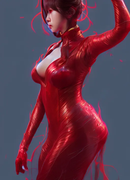 Image similar to kpop scarlet witch, naturel, hyper detailed, digital art, trending in artstation, cinematic lighting, studio quality, smooth render, unreal engine 5 rendered, octane rendered, art style by klimt and nixeu and ian sprigger and wlop and krenz cushart